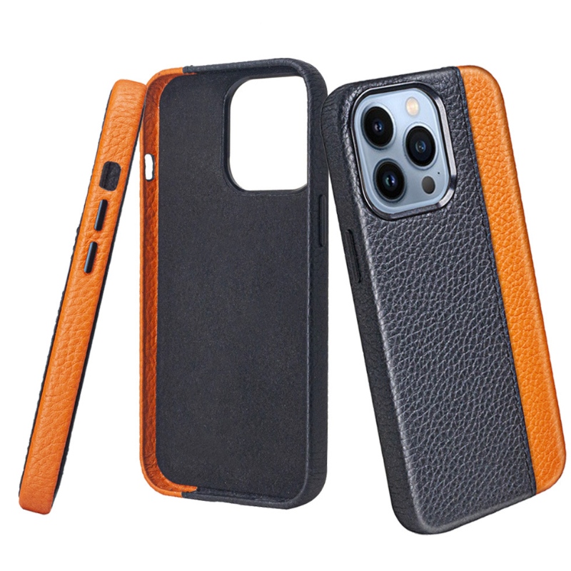 Apple iPhone 14Pro Mobile Phone Lederen Case, 360 graden all-inclusive bescherming, modieuze kleuren matching Black/orange mobiele telefoonhoes, metalen knoppen gevoelig en duurzaam
